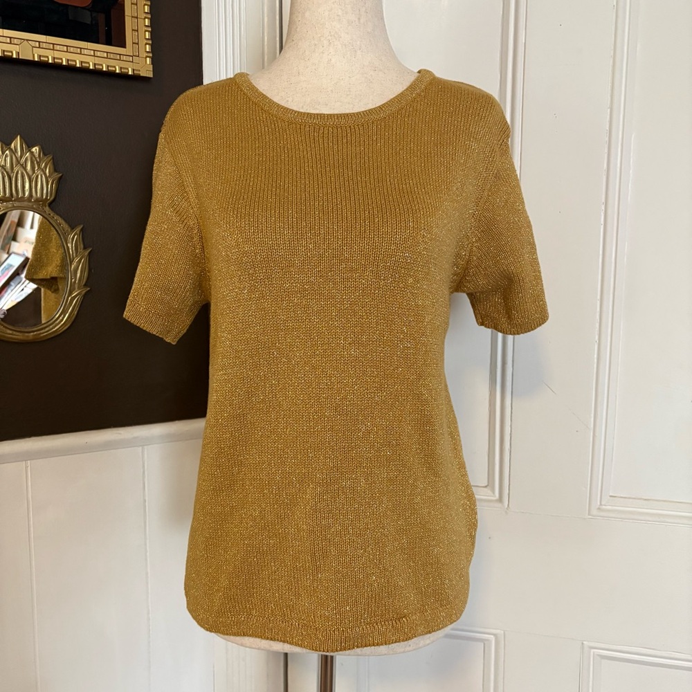 Metallic Knit Short-Sleeve sweater, vintage Liz wear petite, gold, size small